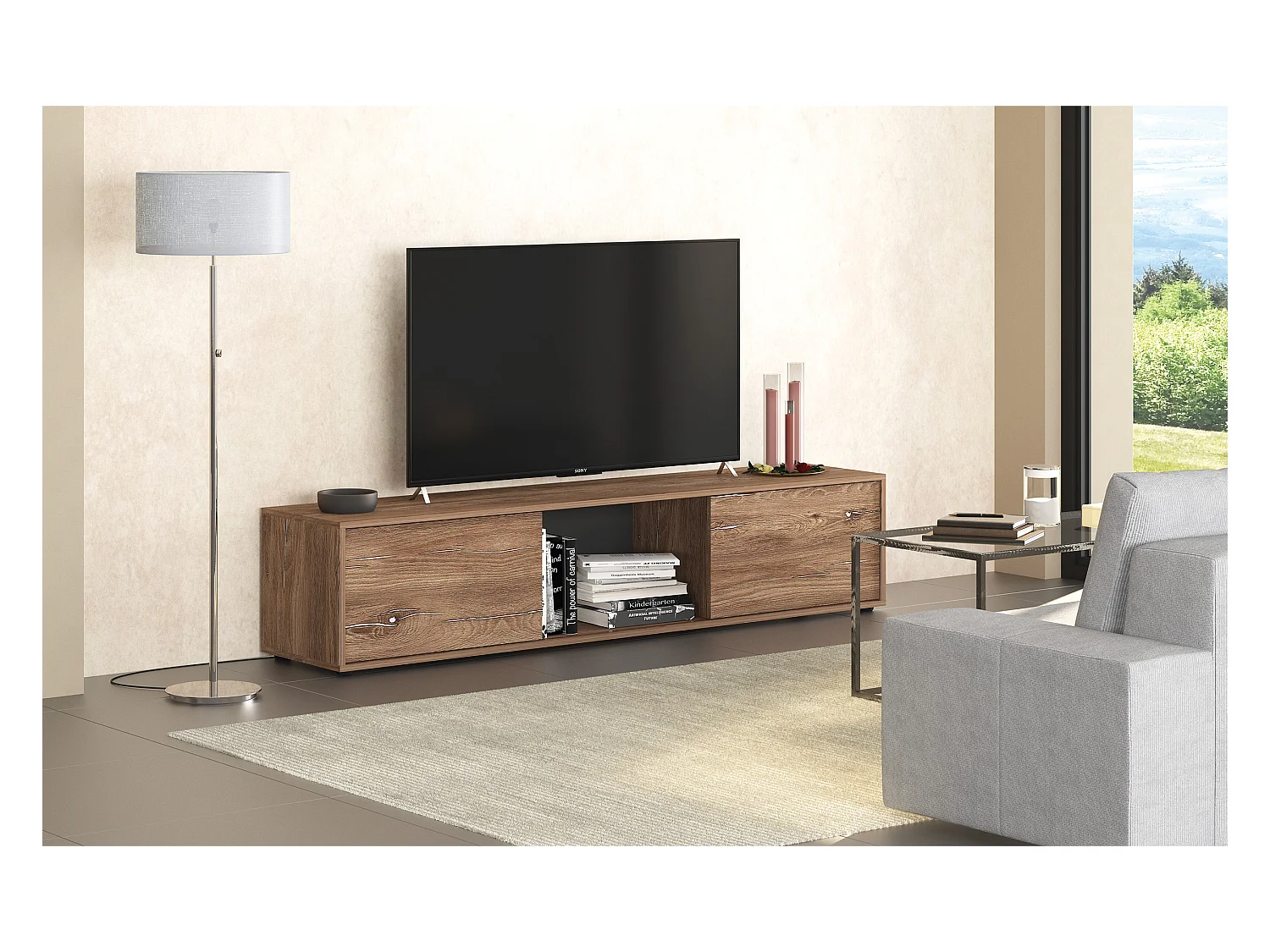 Mobile porta TV moderno 180x40 cm con ante scorrevoli marrone PTG7