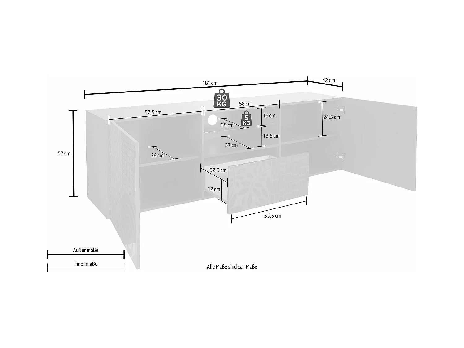 Mobile porta TV moderno con due ante e un cassetto serigrafato 181x57 PTL14 rovere samoa