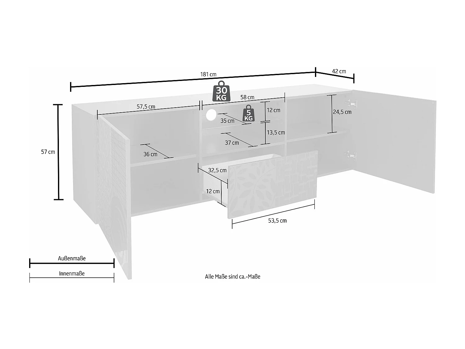 Mobile porta TV moderno con due ante e un cassetto serigrafato 181x57 PTL14 rovere samoa