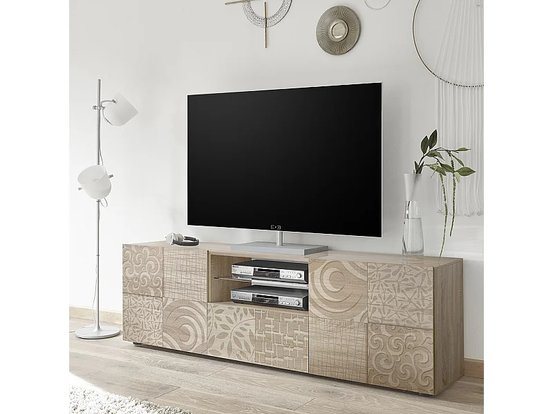 Mobile porta TV moderno con due ante e un cassetto serigrafato 181x57 PTL14 rovere samoa