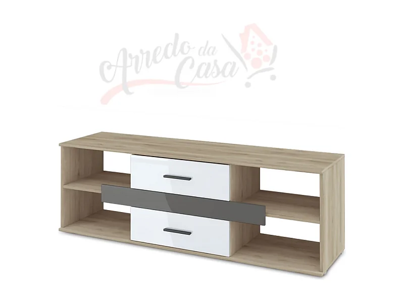 Mobile porta TV design moderno per salotto con due cassetti 160x53 rovere e bianco lucido PTI3