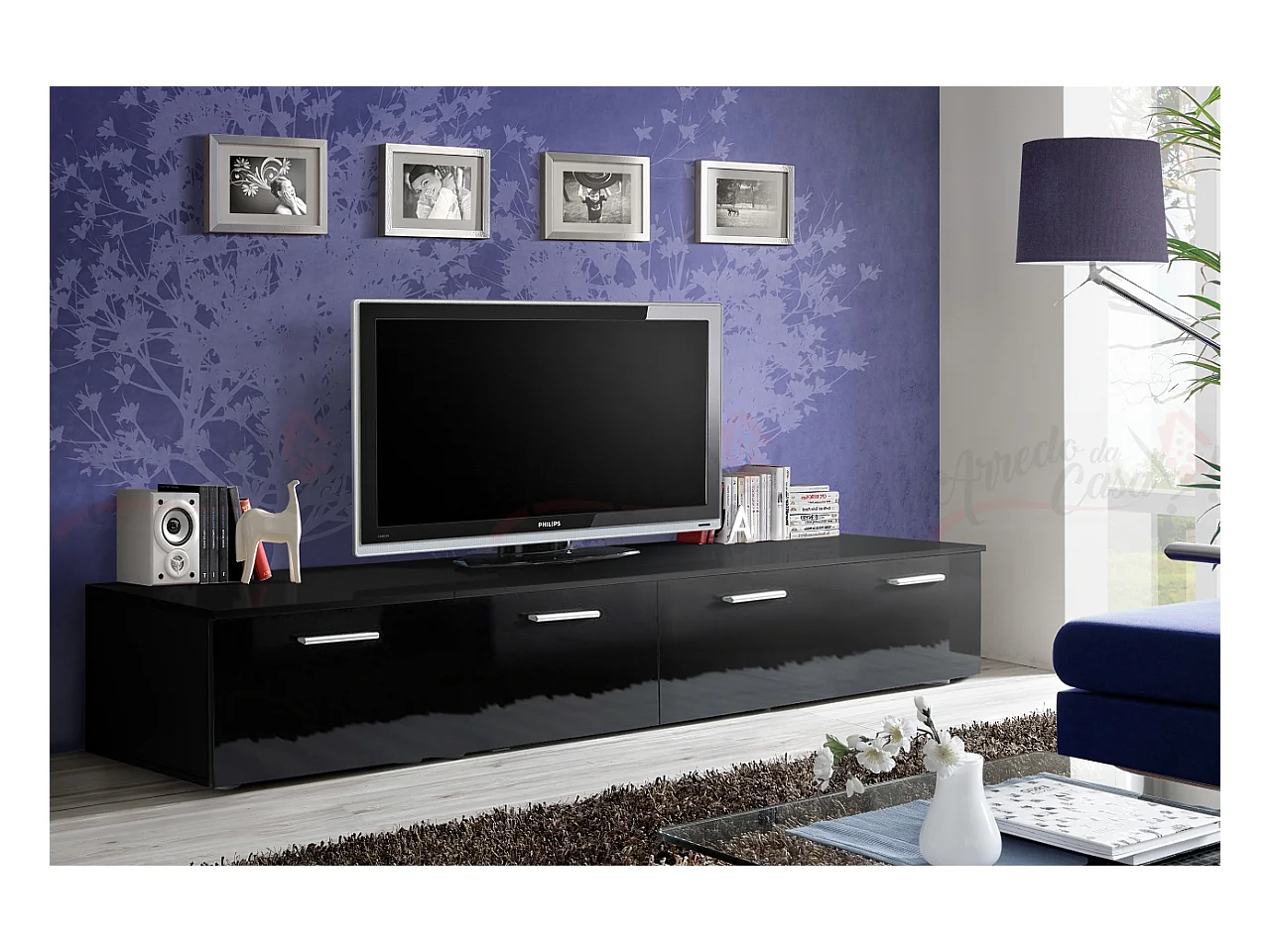 Mobile porta TV contemporanea per salotto con due ante PTVP1 200x35 nero