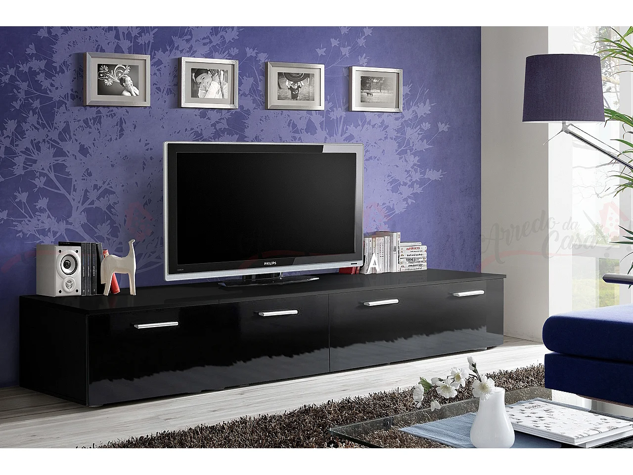Mobile porta TV contemporanea per salotto con due ante PTVP1 200x35 nero