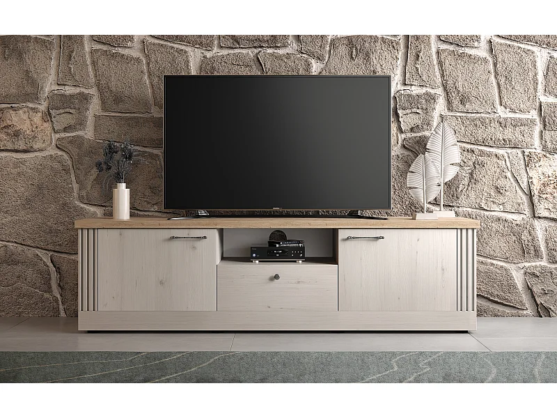 Mobile porta TV moderno 211x58 cm bianco effetto legno e rovere PTL25