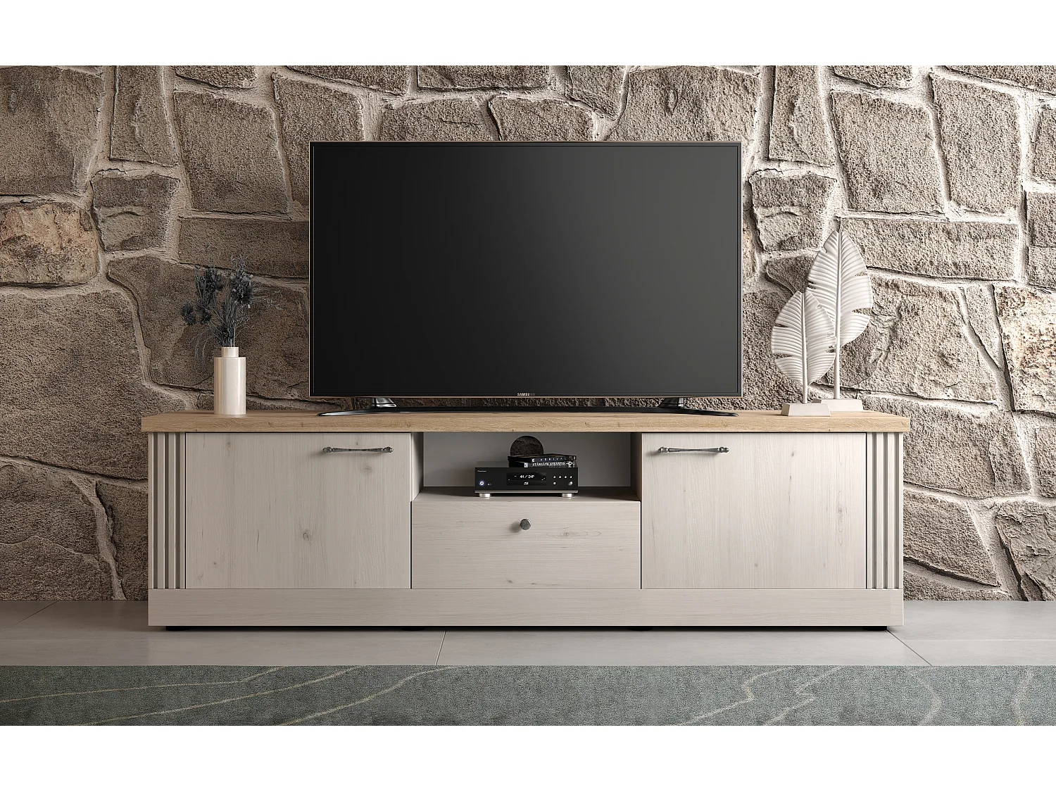 Mobile porta TV moderno 211x58 cm bianco effetto legno e rovere PTL25