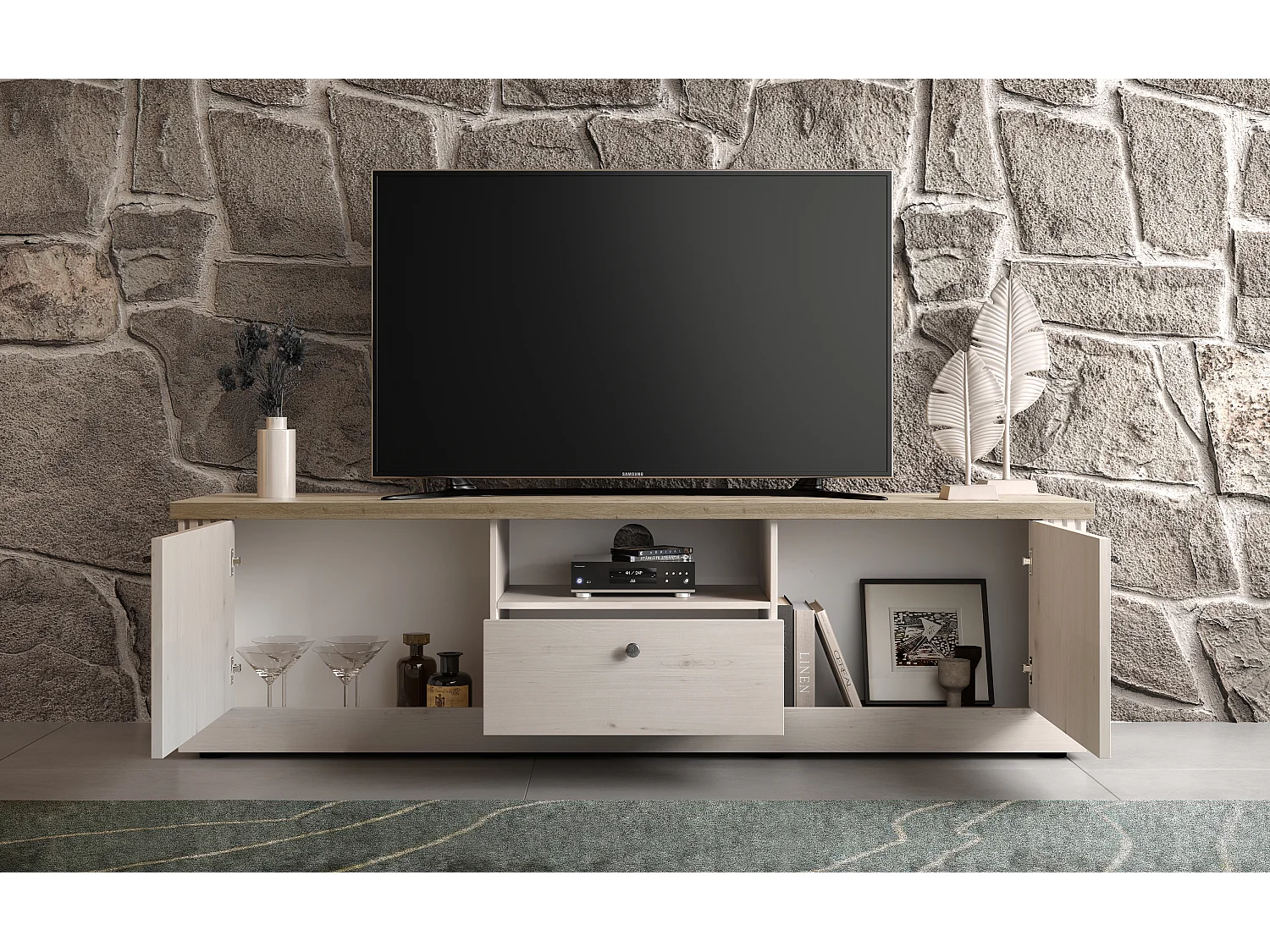 Mobile porta TV moderno 211x58 cm bianco effetto legno e rovere PTL25