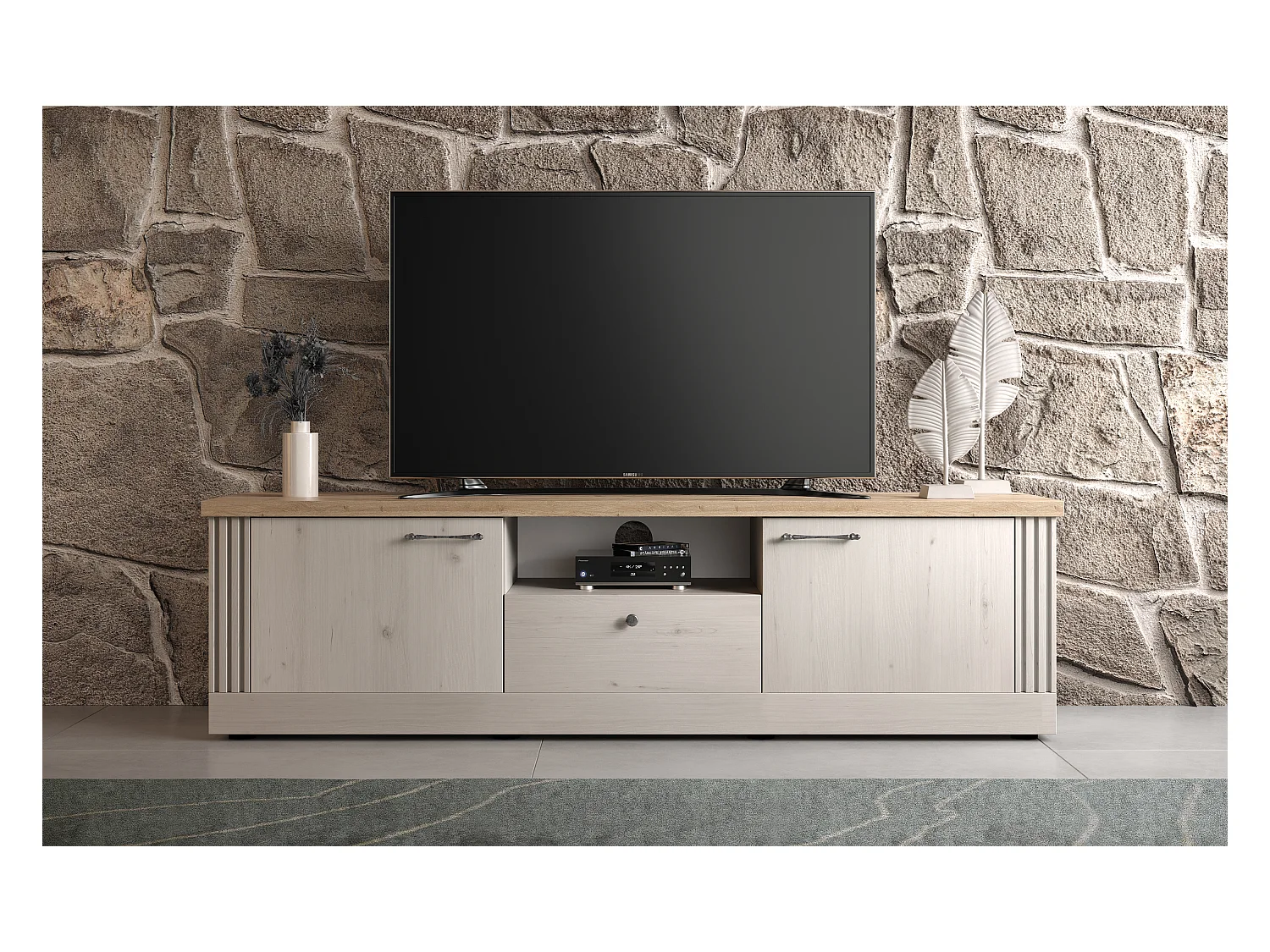 Mobile porta TV moderno 211x58 cm bianco effetto legno e rovere PTL25