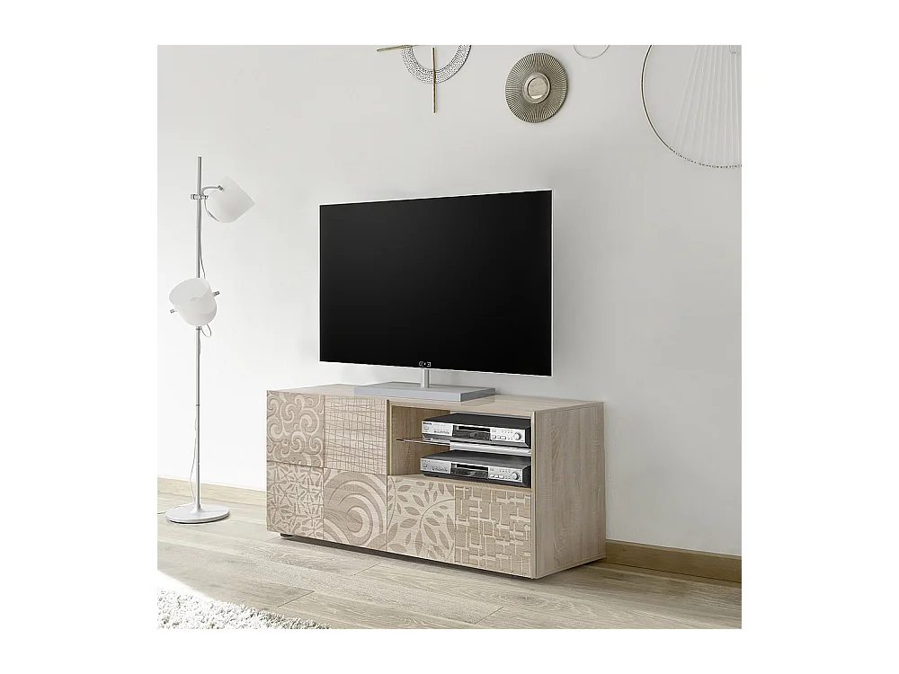 Mobile porta TV piccolo moderno con anta singola e cassetto serigrafato 122x57 PTL15 rovere samoa