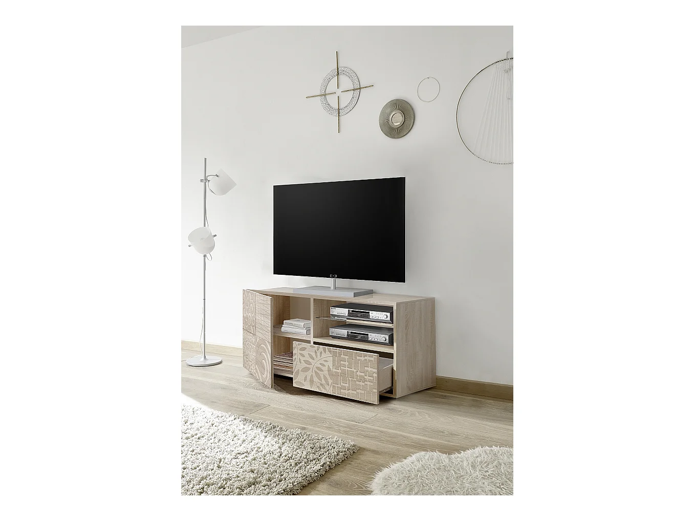 Mobile porta TV piccolo moderno con anta singola e cassetto serigrafato 122x57 PTL15 rovere samoa