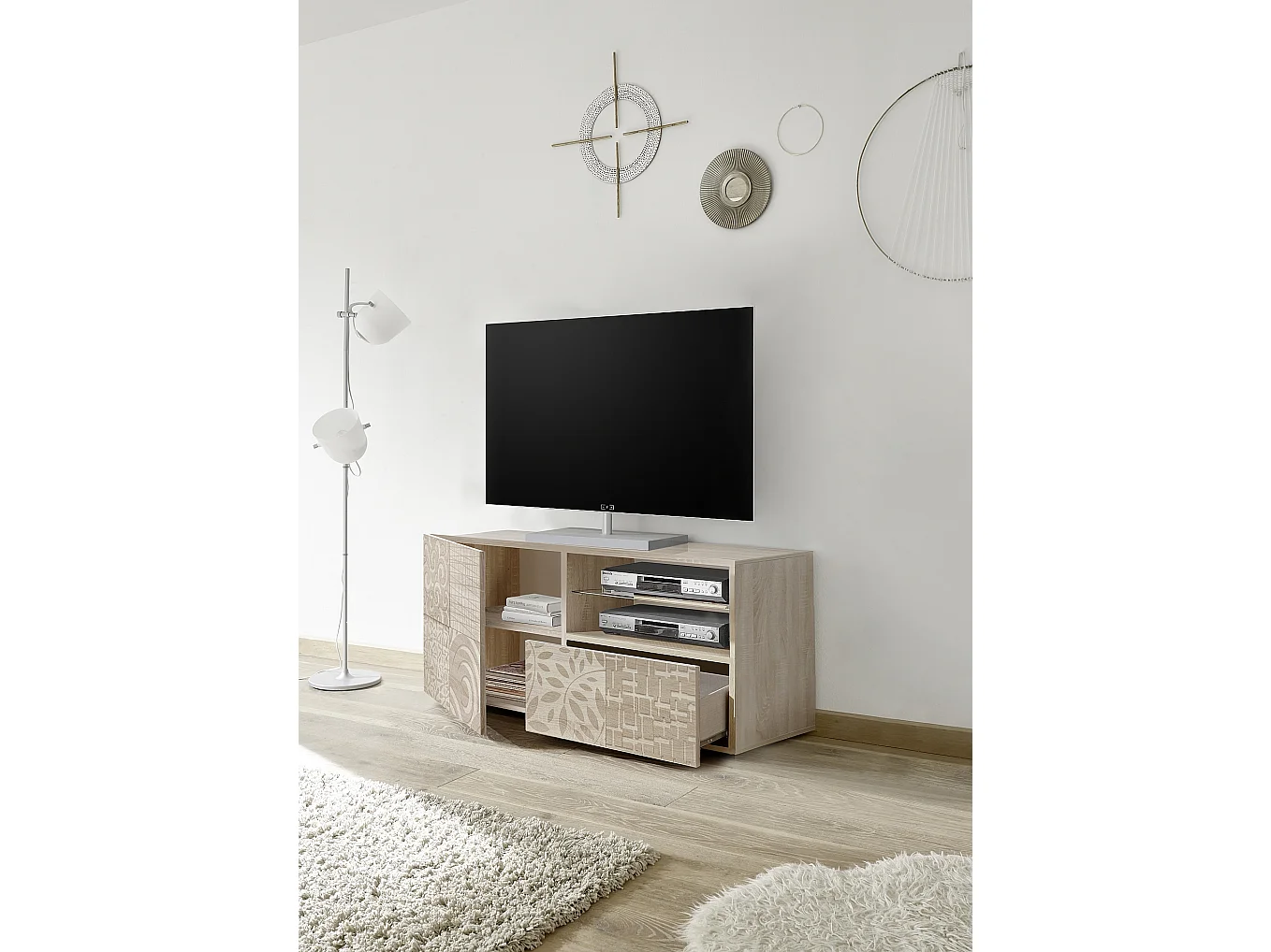 Mobile porta TV piccolo moderno con anta singola e cassetto serigrafato 122x57 PTL15 rovere samoa