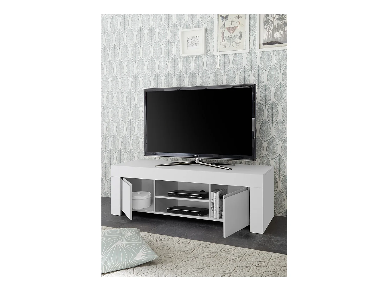 Mobile porta TV design moderno a due ante con maniglia a gola 138x44 PTL8 bianco lucido