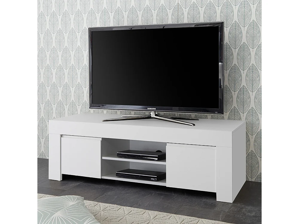 Mobile porta TV design moderno a due ante con maniglia a gola 138x44 PTL8 bianco lucido