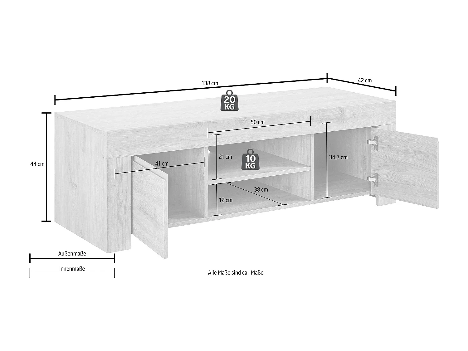 Mobile porta TV design moderno a due ante con maniglia a gola 138x44 PTL8 bianco lucido