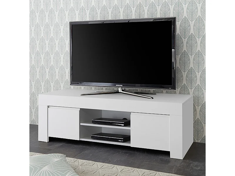 Mobile porta TV design moderno a due ante con maniglia a gola 138x44 PTL8 bianco lucido