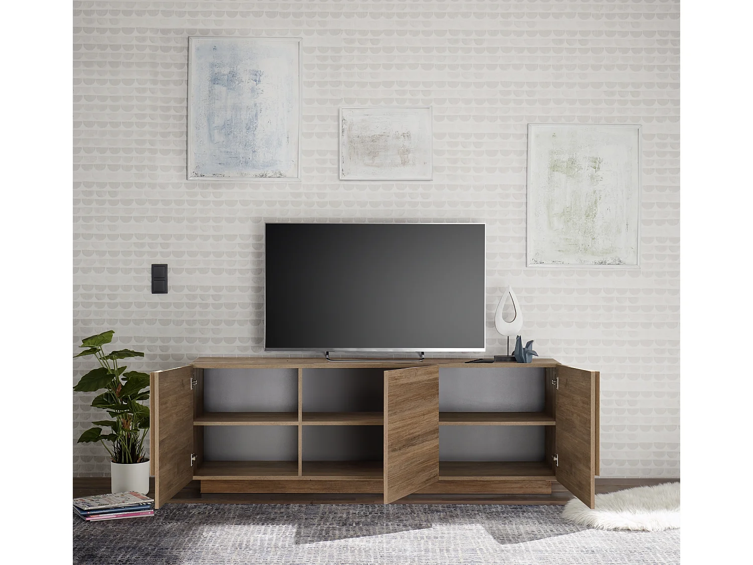 Mobile porta TV design effetto legno con mensola PTI11 138x46 noce ed antracite