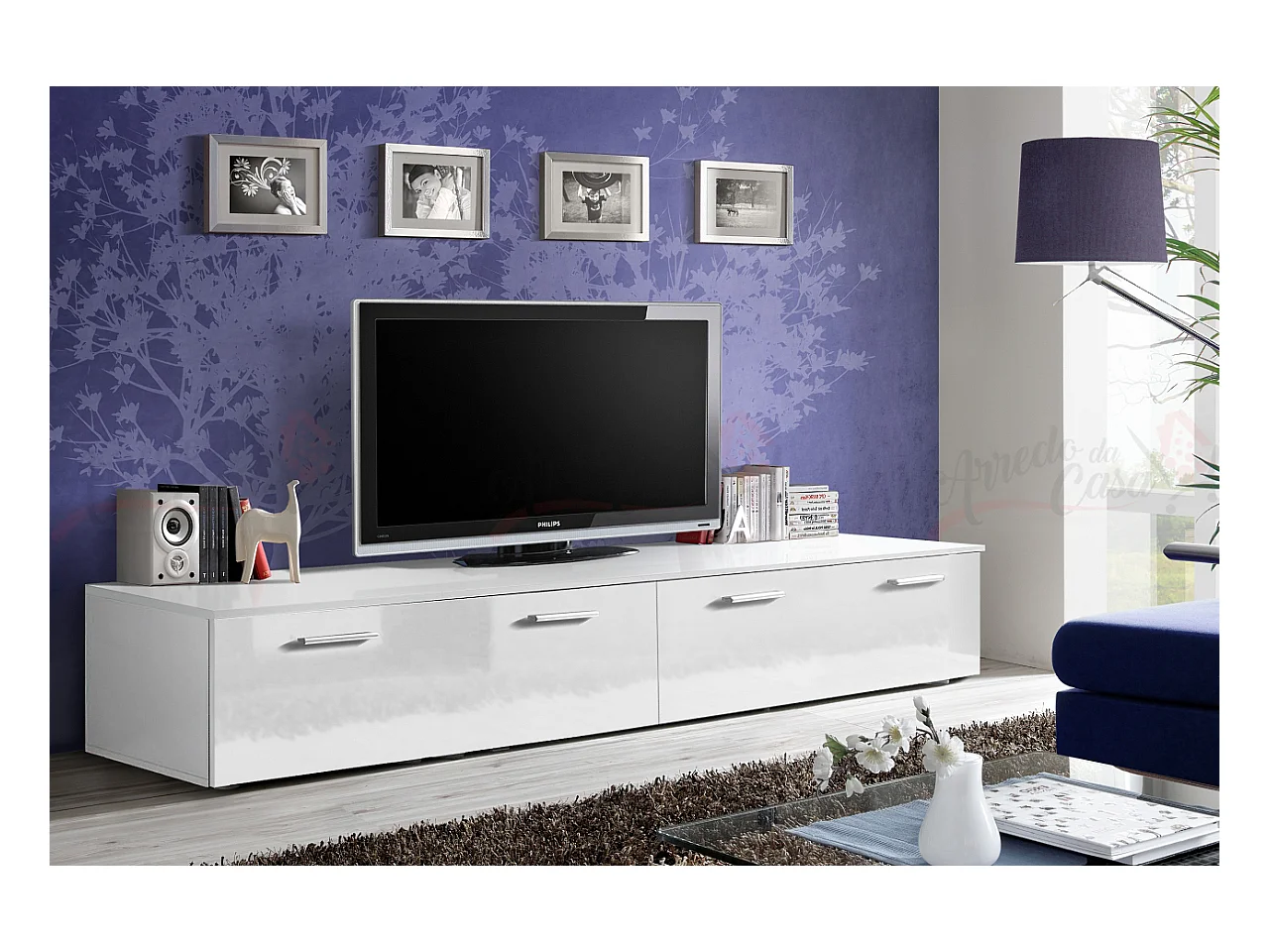 Mobile porta TV contemporanea per salotto con due ante 200x35 bianco PTVP1