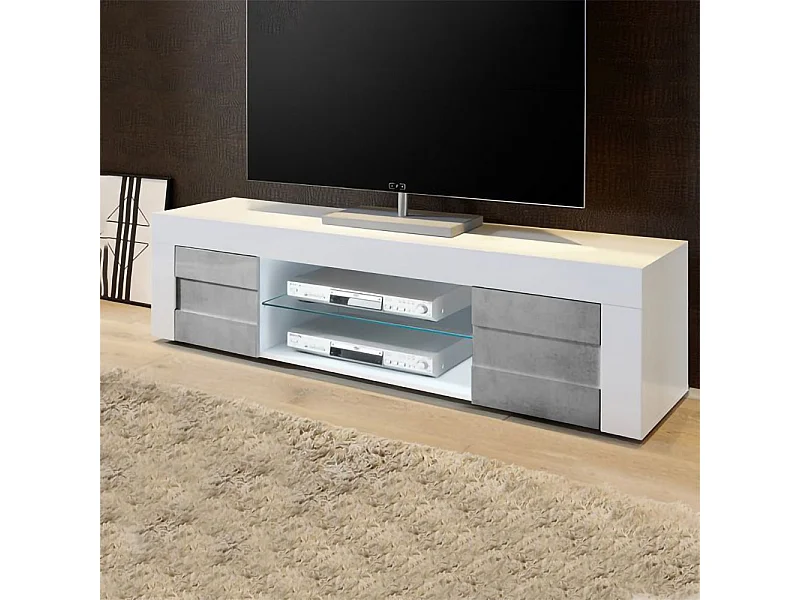 Mobile porta TV piccolo moderno design geometrico a due ante 138x44 PTL7 bianco e cemento