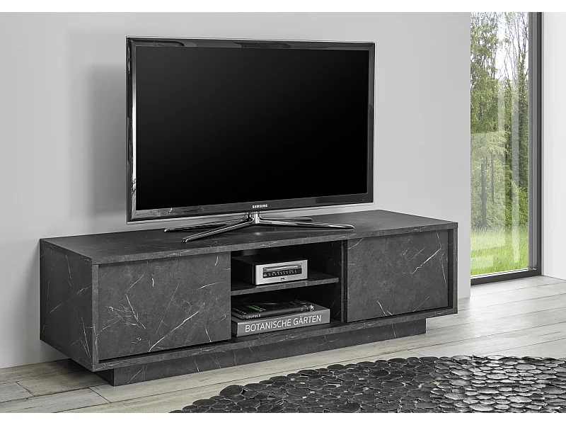 Mobile porta TV moderno con due ante marmorizzate per living 139x44 PTL10 marmo nero