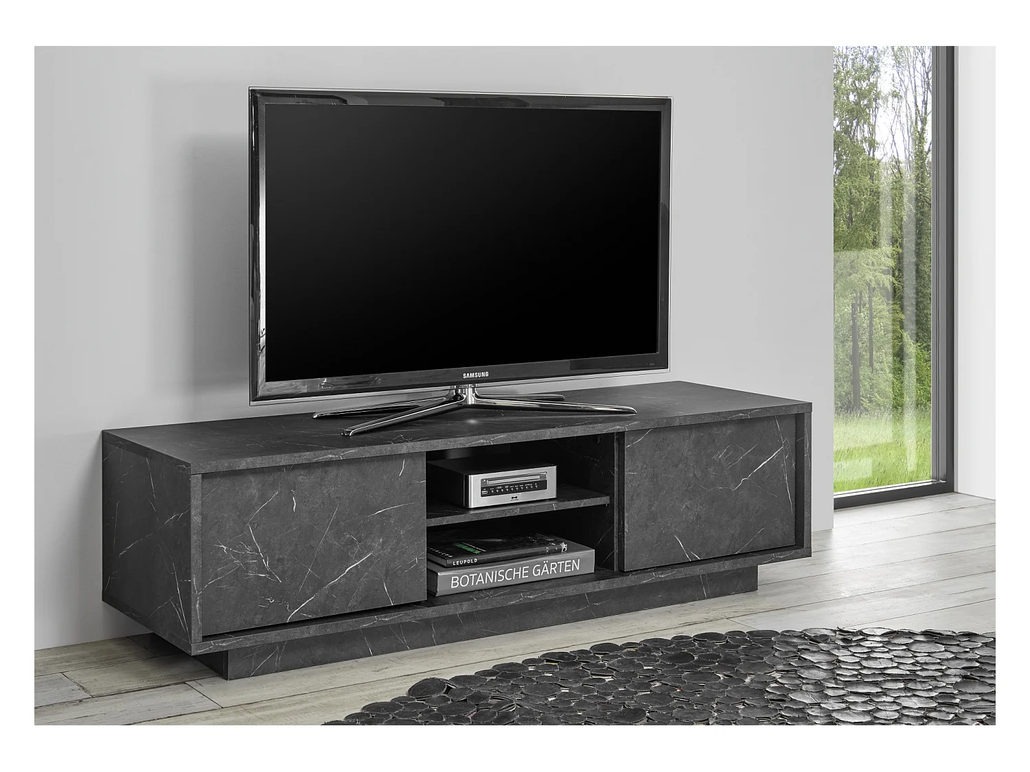 Mobile porta TV moderno con due ante marmorizzate per living 139x44 PTL10 marmo nero