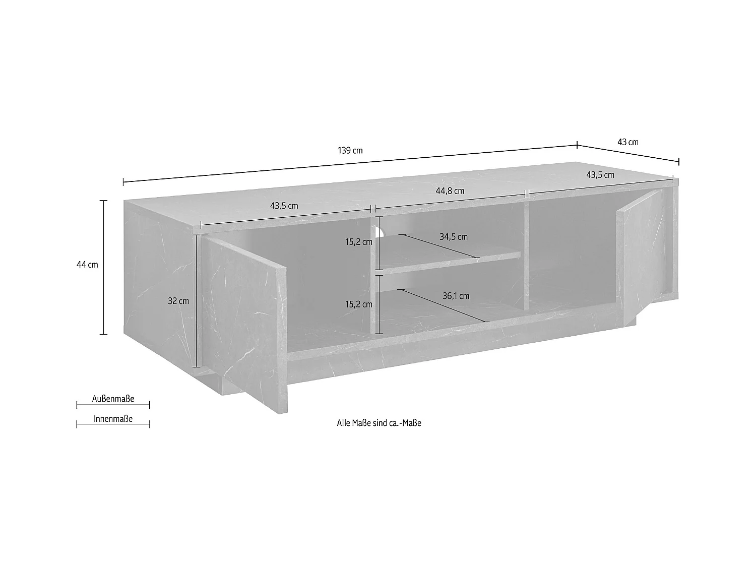Mobile porta TV moderno con due ante marmorizzate per living 139x44 PTL10 marmo nero