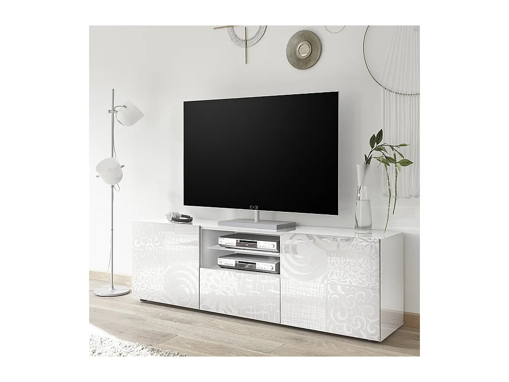 Mobile porta TV moderno con due ante e un cassetto serigrafato 181x57 PTL14 bianco lucido