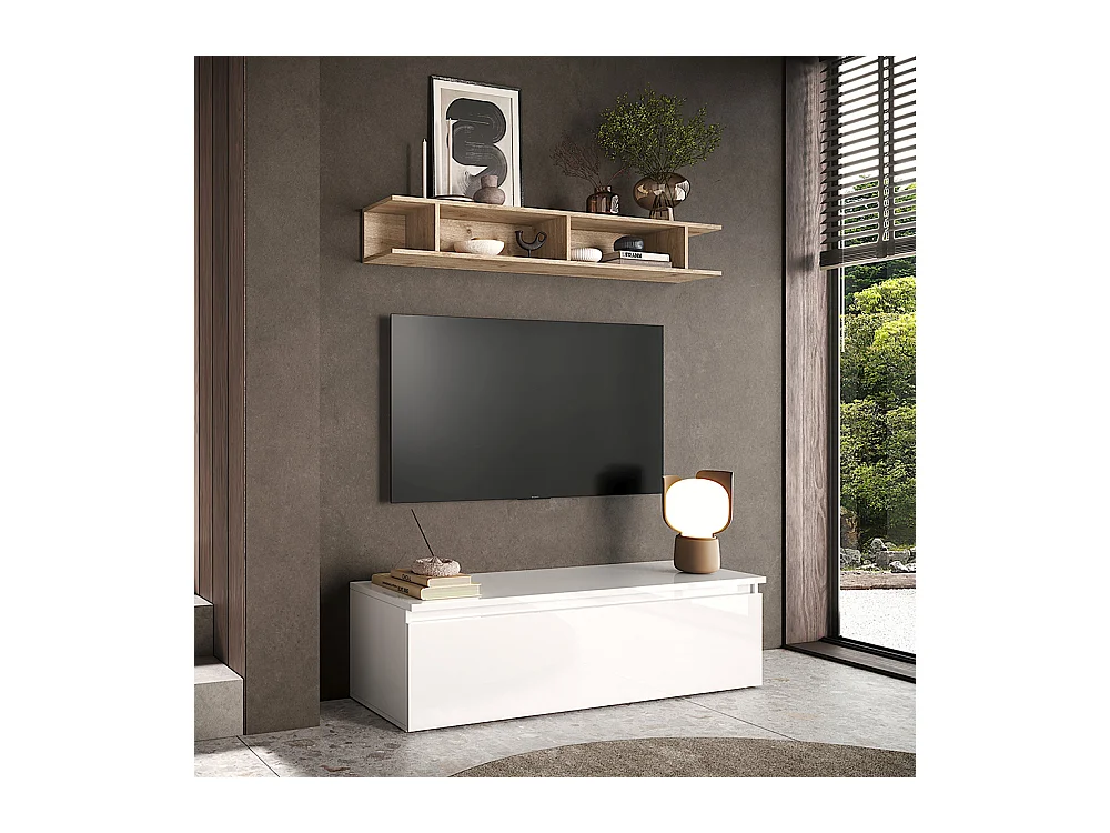 Mobile porta tv con mensola 138x40 cm bianco lucido e rovere PTL35