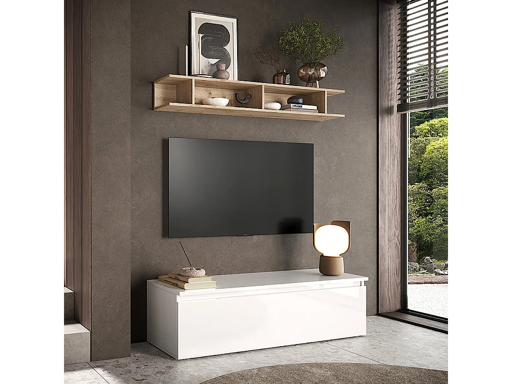 Mobile porta tv con mensola 138x40 cm bianco lucido e rovere PTL35