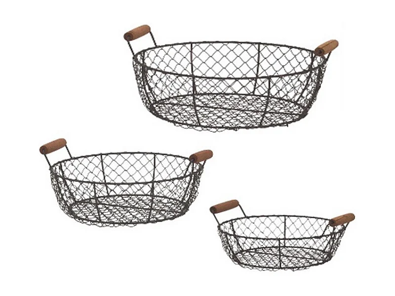 Set de 3 paniers grillagés ronds noirs 32-31-27 cm