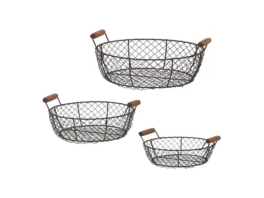 Set de 3 paniers grillagés ronds noirs 32-31-27 cm