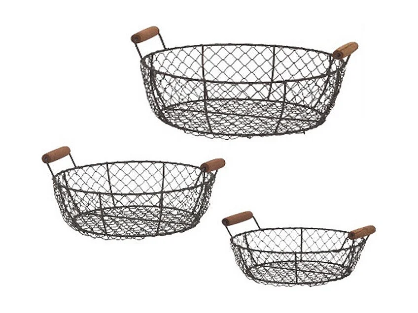 Set de 3 paniers grillagés ronds noirs 32-31-27 cm