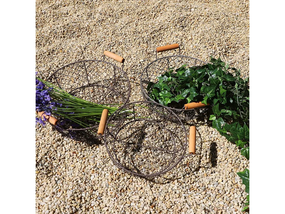 Set de 3 paniers grillagés ronds noirs 32-31-27 cm