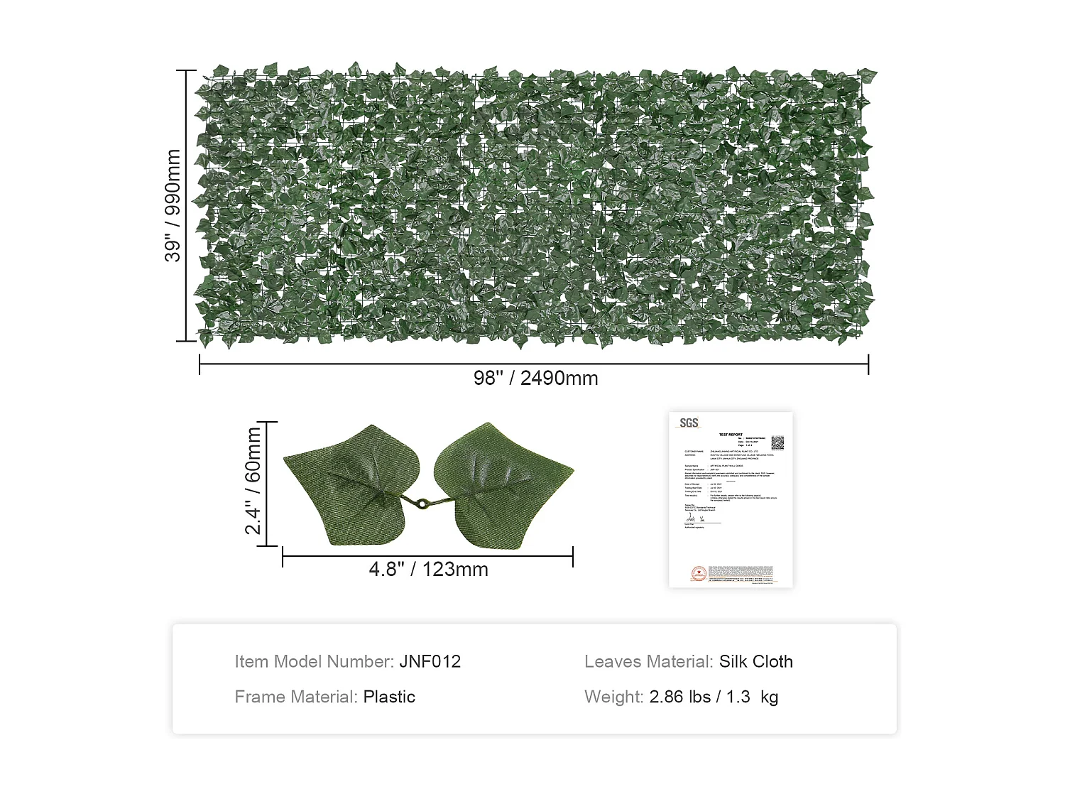 Haie Artificielle SucceBuy 99.06 x 248.92 cm Feuille d'Iierre Artificielle Écran de Clôture de Confidentialité Panneau de Décoration Haie