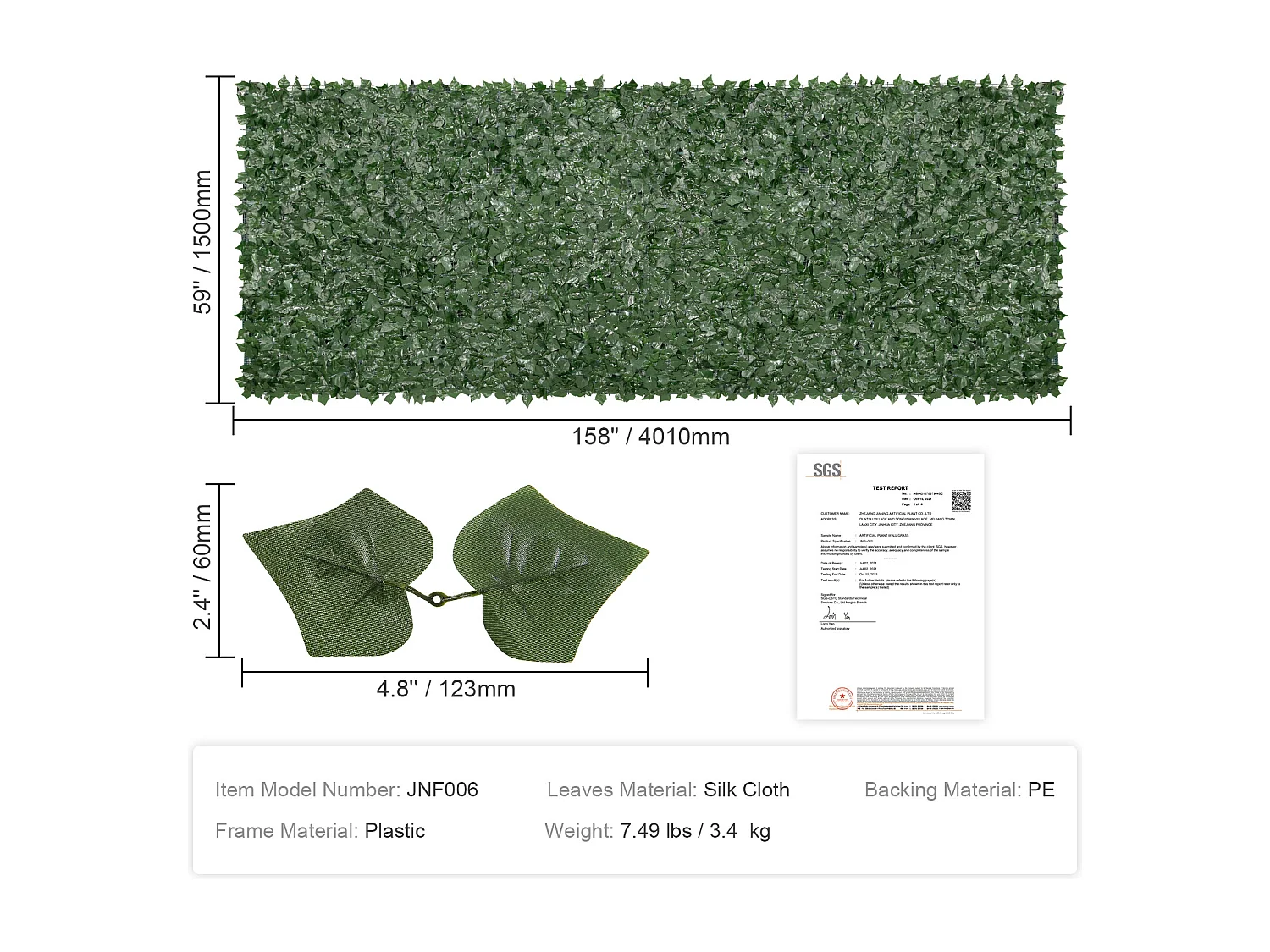 Haie Artificielle SucceBuy Clôture en Feuilles de Lierre Artificielles 149.86 x 401.32 cm avec Support en Tissu Maillé