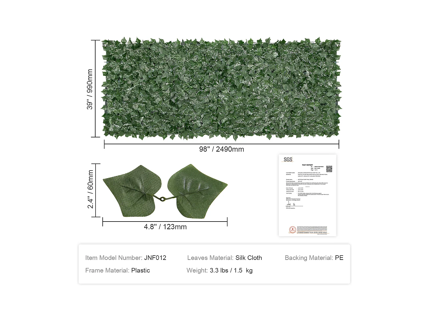 Haie Artificielle SucceBuy Clôture en Feuilles de Lierre Artificielles 99.06 x 248.92 cm avec Support en Tissu Maillé