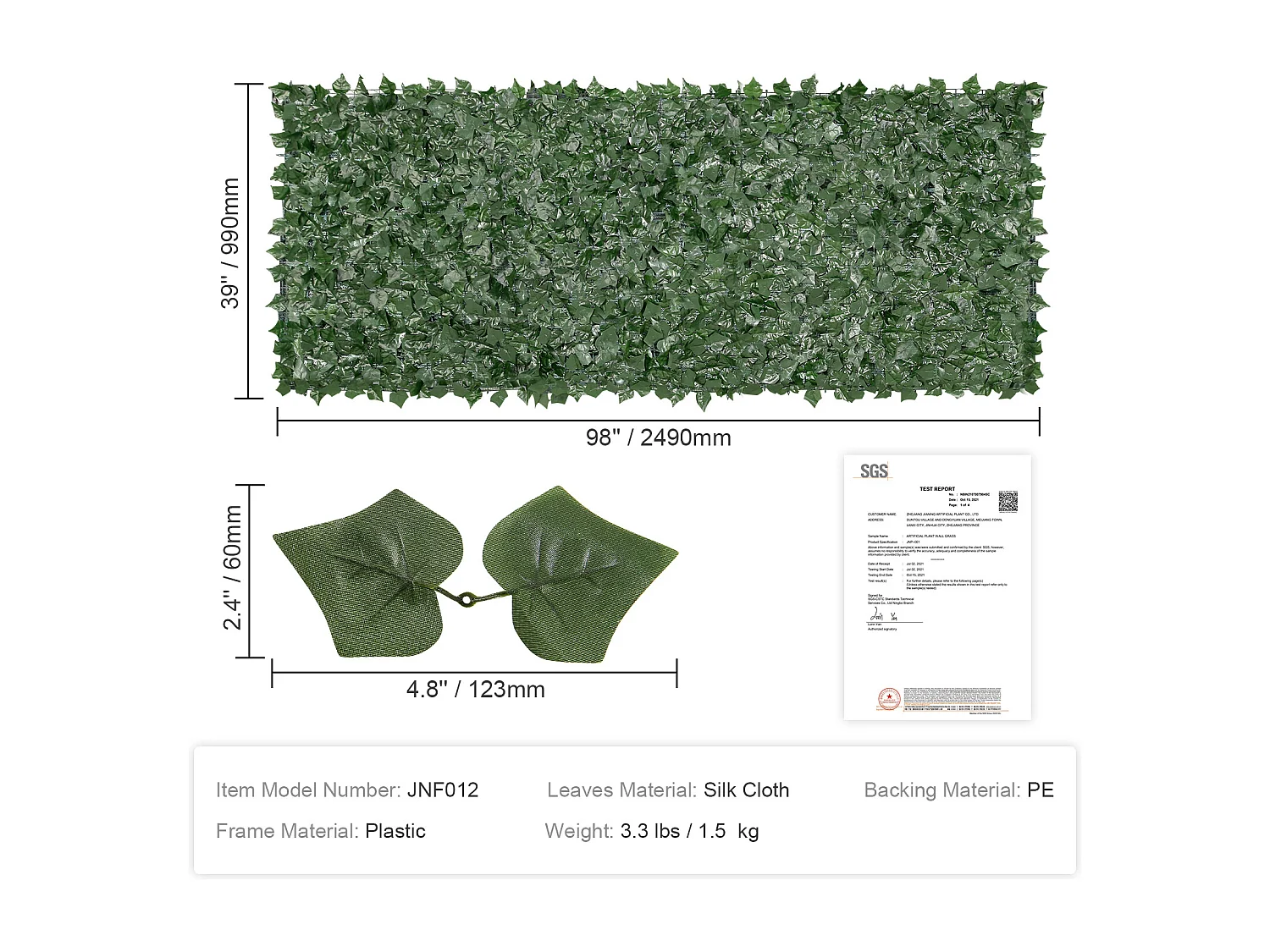 Haie Artificielle SucceBuy Clôture en Feuilles de Lierre Artificielles 99.06 x 248.92 cm avec Support en Tissu Maillé