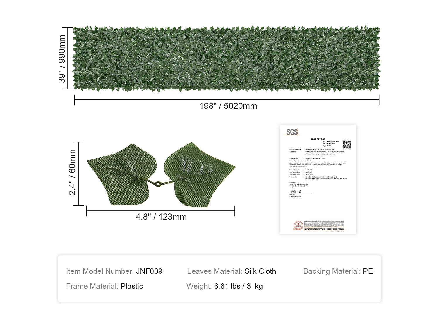 Haie Artificielle SucceBuy Écran de Clôture en Feuilles de Lierre Artificiel de 99.06 x 502.92 cm avec Tissu en Maille