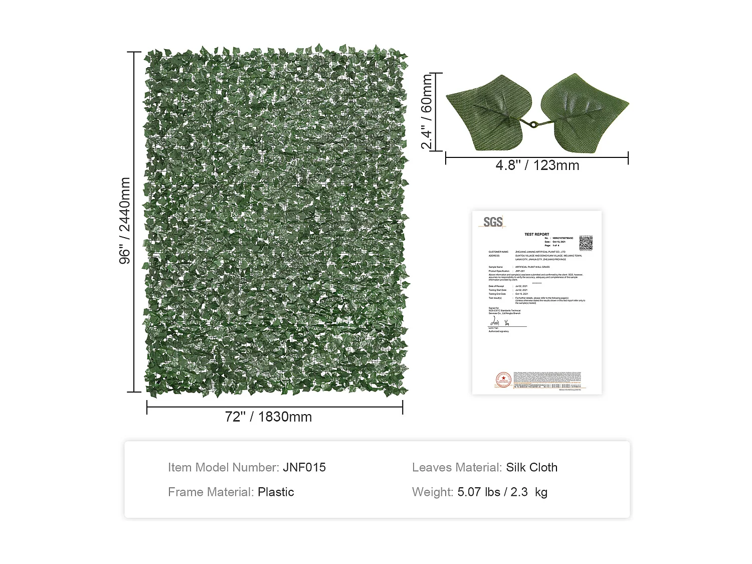 Haie Artificielle SucceBuy 243.84 x 182.88 cm Feuille d'Iierre Artificielle Écran de Clôture de Confidentialité Panneau de Décoration Haie