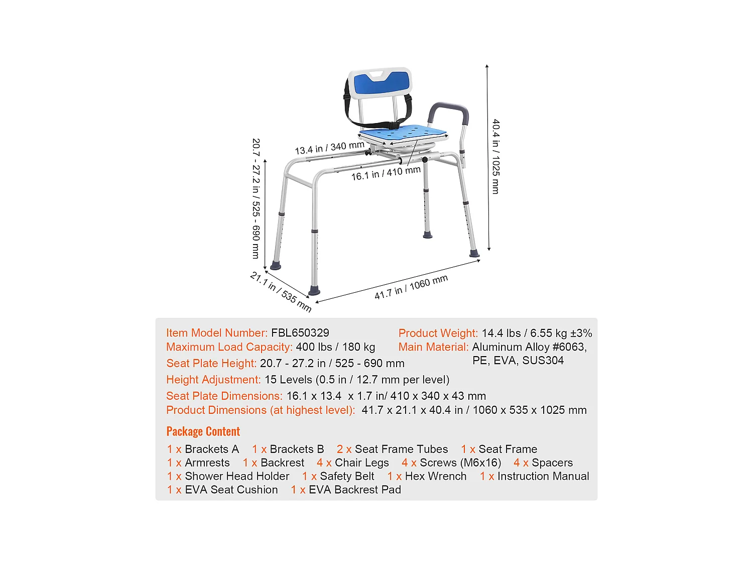 Chaise de Douche SucceBuy Pivotante à 360°,Banc de Transfert de Baignoire Coulissant  Capacité de 181 kg