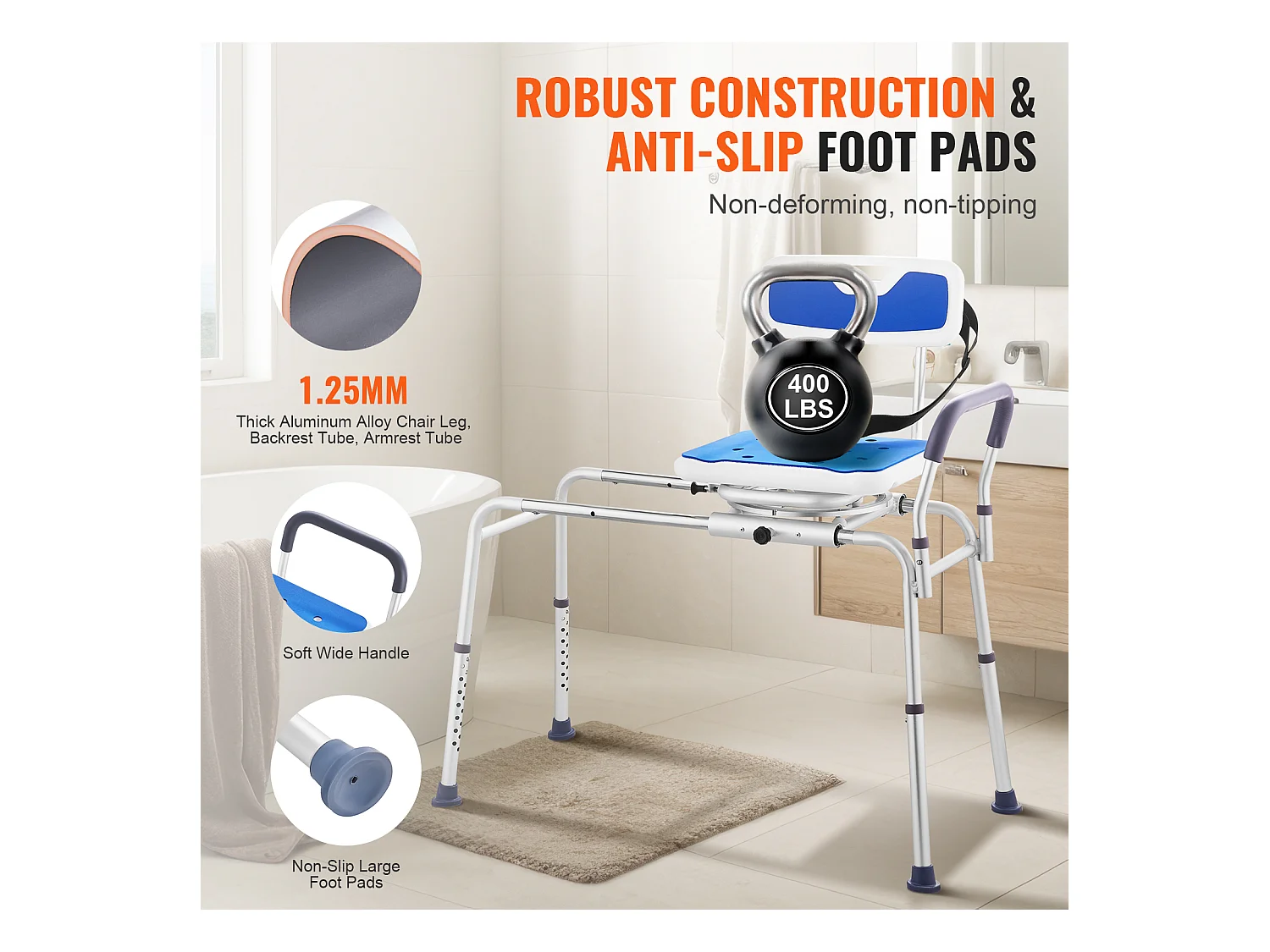 Chaise de Douche SucceBuy Pivotante à 360°,Banc de Transfert de Baignoire Coulissant  Capacité de 181 kg