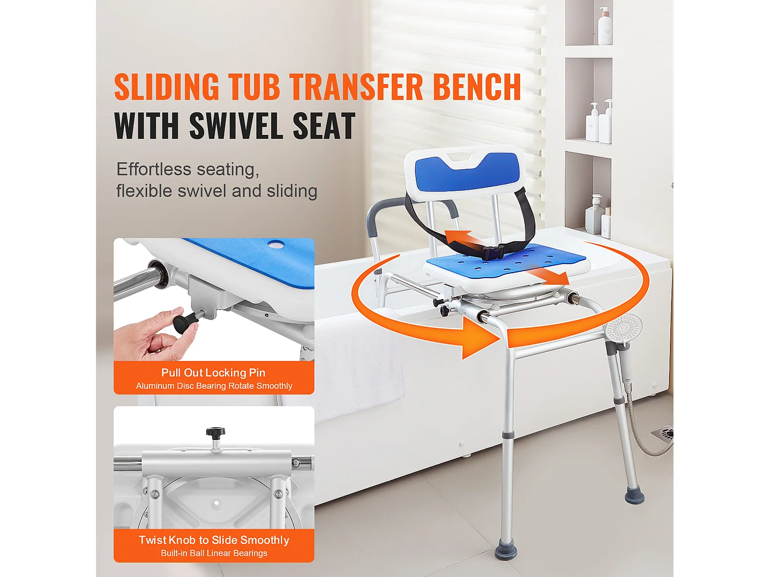 Cadeira de Banho SucceBuy Giratória de 360°, Banco de Transferência para Banheira Deslizante, Capacidade de 181 kg