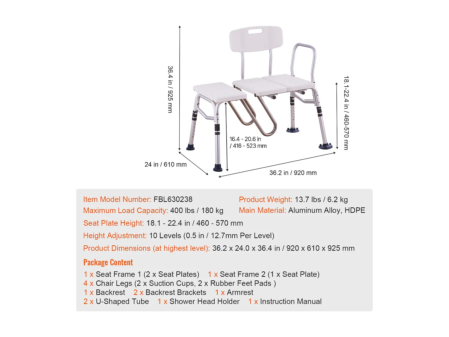 Silla de Ducha SucceBuy, Banco de Transferencia para Bañera, Asiento de Ducha Ajustable, Capacidad de 181 kg