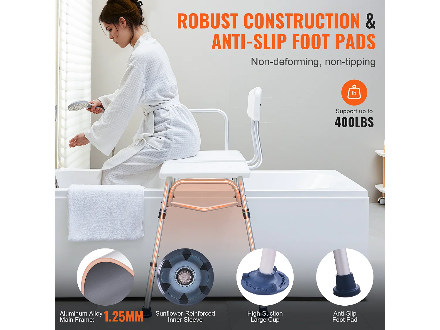 Silla de Ducha SucceBuy, Banco de Transferencia para Bañera, Asiento de Ducha Ajustable, Capacidad de 181 kg