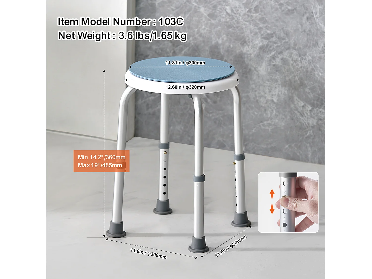 Siège de Douche SucceBuy 136,1 kg Hauteur Réglable Rotative en Plastique, Aide aux Personnes Agées