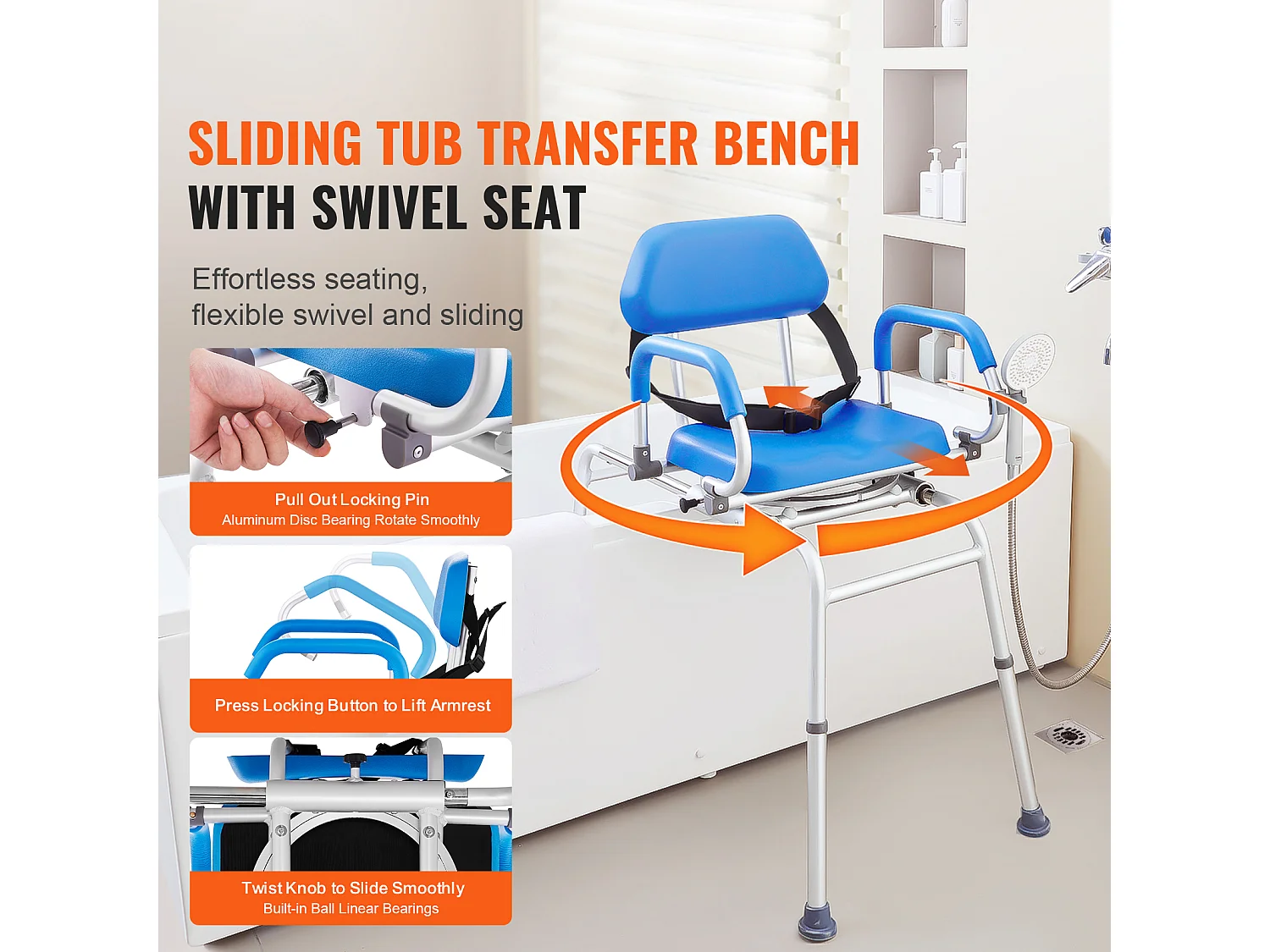 Krzesło Do Pryszniców SucceBuy Krętowe 360°, Przesuwne Krzesło Przenoszące Do Wanny, Maks. Obciążenie 150 kg