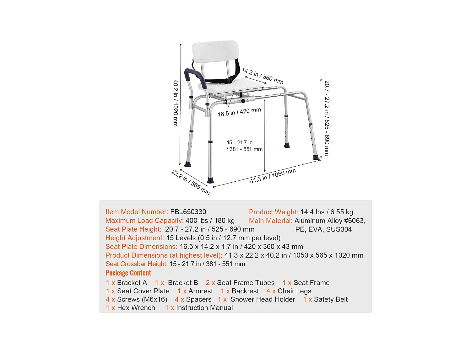 Krzesło Do Pryszniców SucceBuy, Przesuwne Krzesło Przenoszące Do Wanny z Wyciętym Miejscem Siedzącym i Odwracalnym Leżakiem