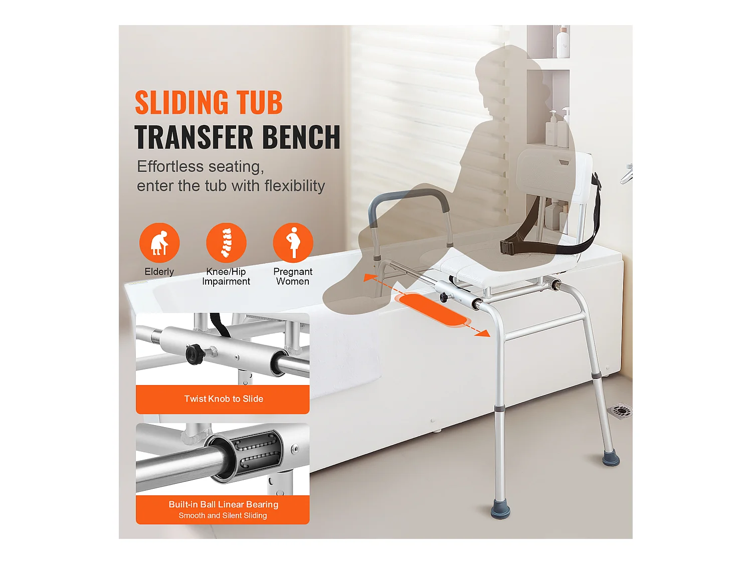 Krzesło Do Pryszniców SucceBuy, Przesuwne Krzesło Przenoszące Do Wanny z Wyciętym Miejscem Siedzącym i Odwracalnym Leżakiem