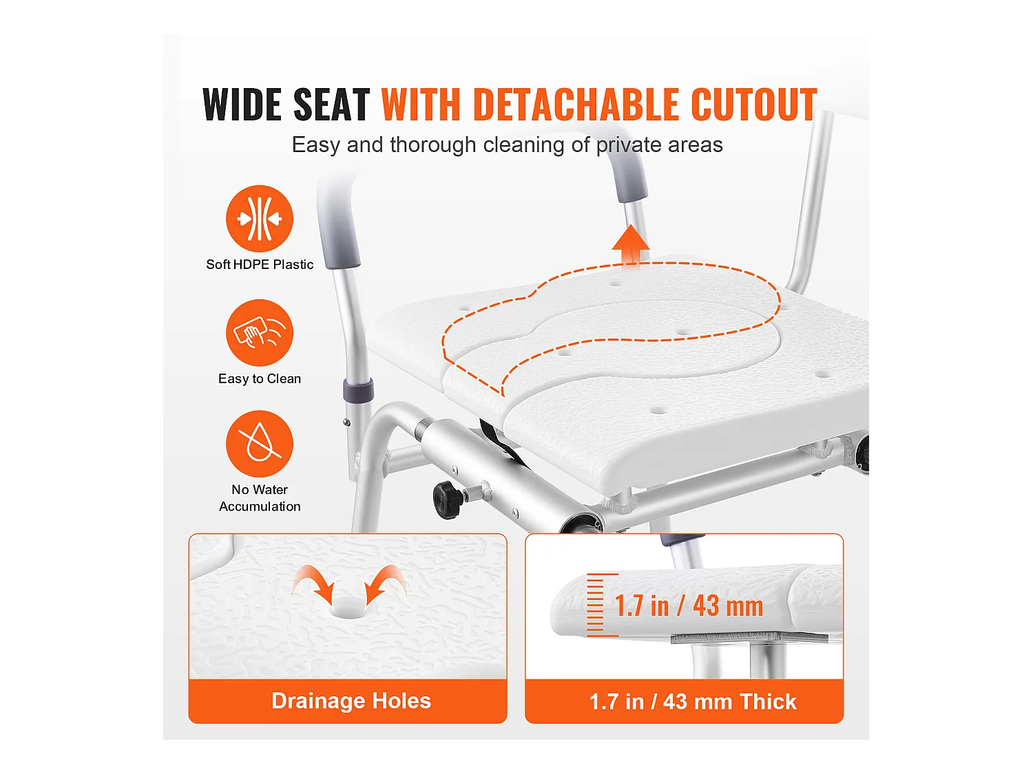 Krzesło Do Pryszniców SucceBuy, Przesuwne Krzesło Przenoszące Do Wanny z Wyciętym Miejscem Siedzącym i Odwracalnym Leżakiem