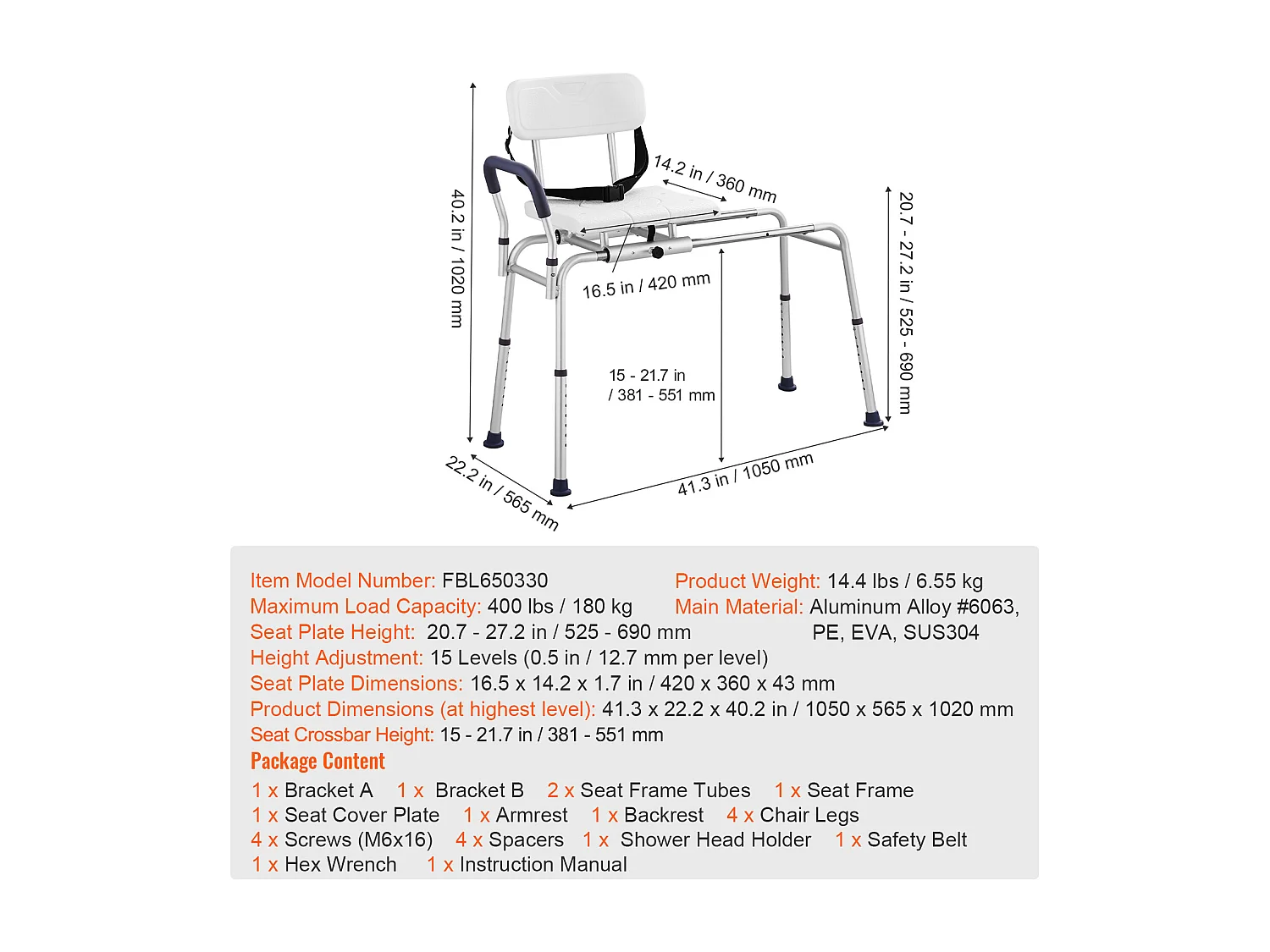 Chaise de douche SucceBuy, Banc de Transfert Baignoire Coulissant avec Siège Découpé et Dossier Réversible
