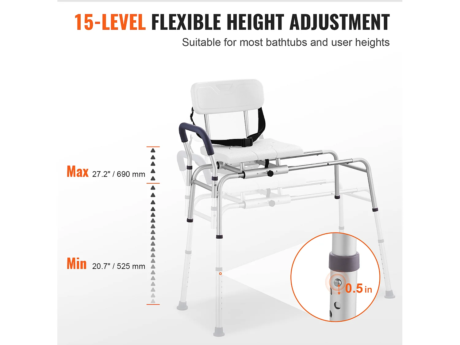 Chaise de douche SucceBuy, Banc de Transfert Baignoire Coulissant avec Siège Découpé et Dossier Réversible