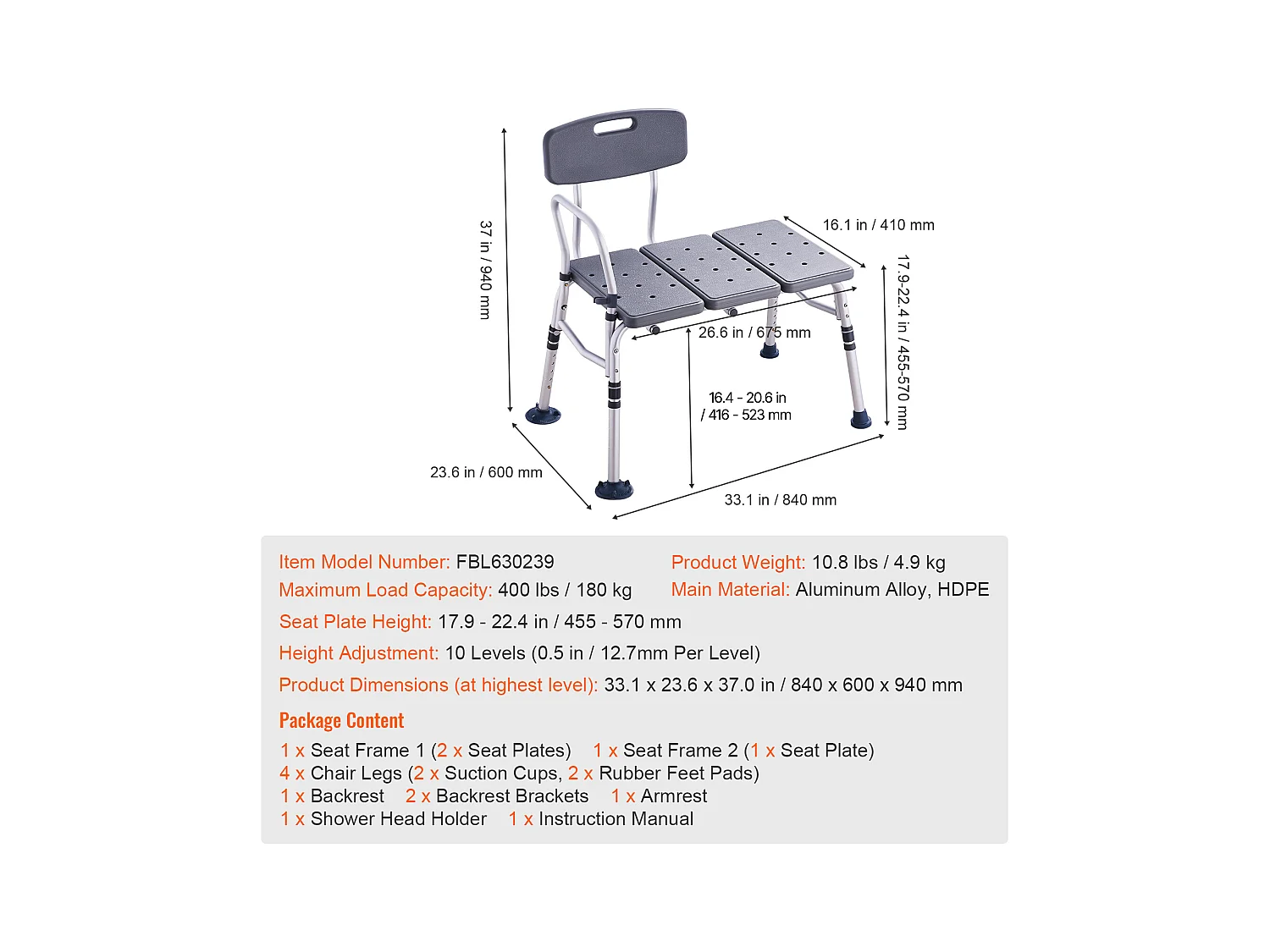 Chaise de Douche SucceBuy, Banc de Transfert de Baignoire, Siège de Douche de Dossier Réversible Capacité de 181 kg